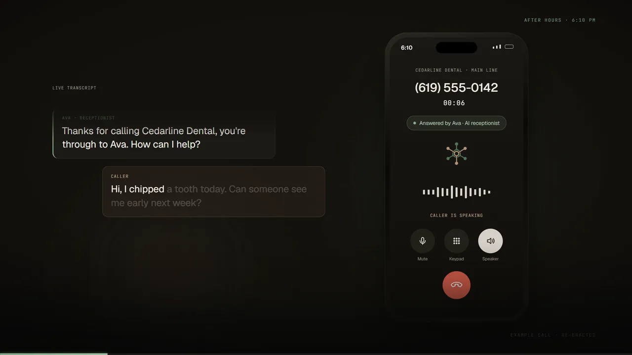 An after-hours call to a dental practice, answered and booked by Orastra's AI receptionist